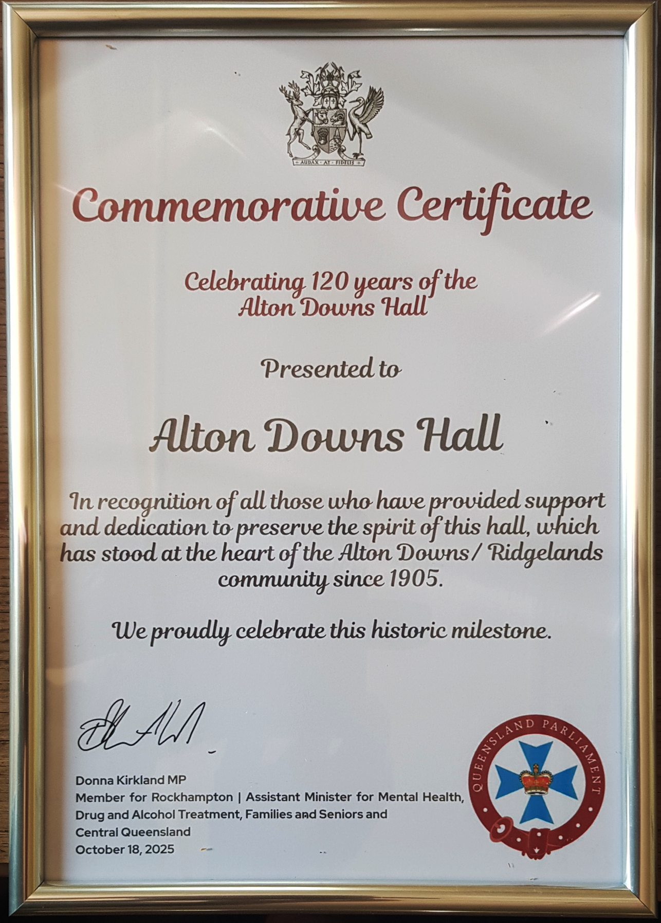 Certificate from Donna Kirkland MP