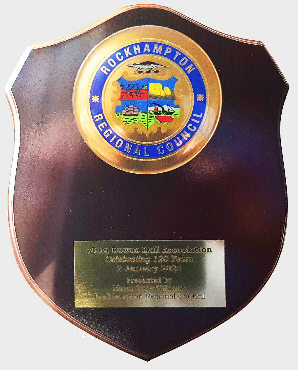 Plaque presented by RRC Mayor to Hall Committee